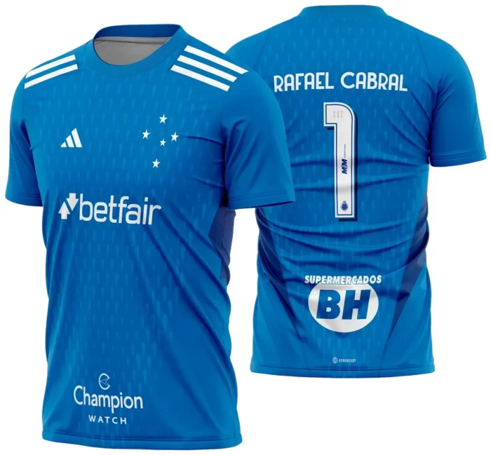 Camiseta unissex preta com logo no peito e estampa grande nas costas do goleiro do Cruzeiro 2023 2024, estilo esportivo e moderno, perfeita para fãs do time