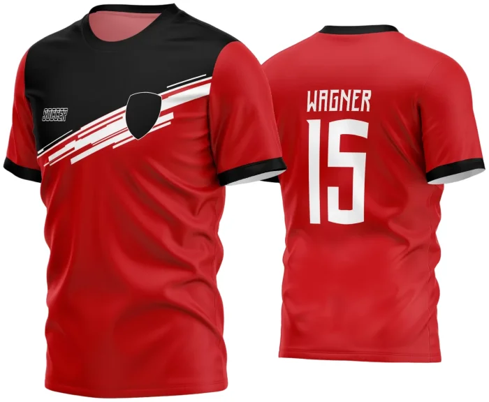 Camisa de futebol amador com logo no peito e estampa grande nas costas, destacando o estilo único e visual moderno para times amadores na temporada 2024, perfeita para partidas e eventos esportivos.