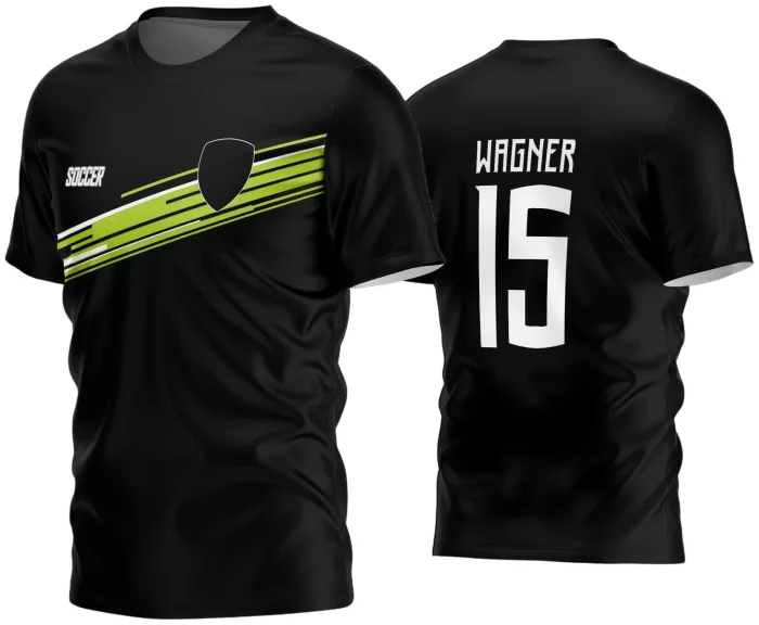 Camisa de futebol amador com logo no peito visível e estampa grande nas costas, exibindo design moderno e atrativo para times que buscam identidade única em campo