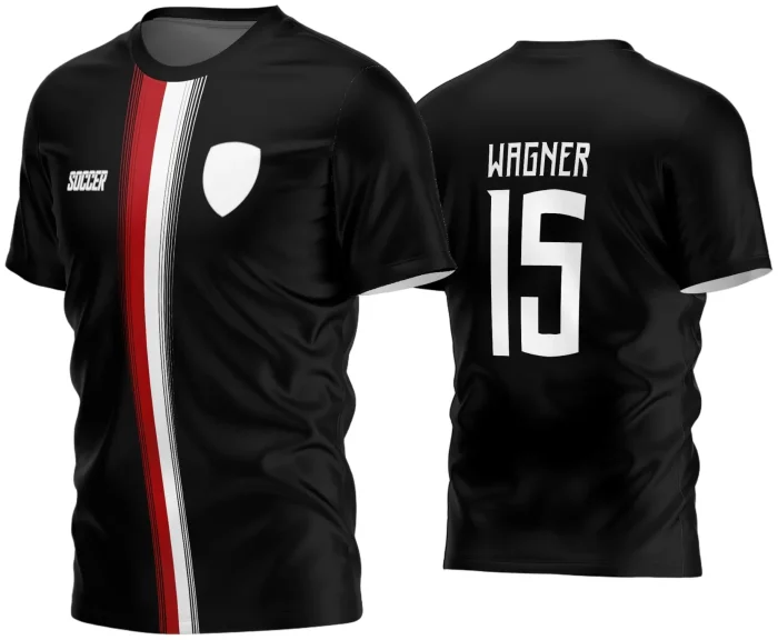 Camisa final do time amador com logo no peito e estampa grande nas costas, destacando o design moderno e cores vibrantes para jogos ao ar livre e campeonatos locais.