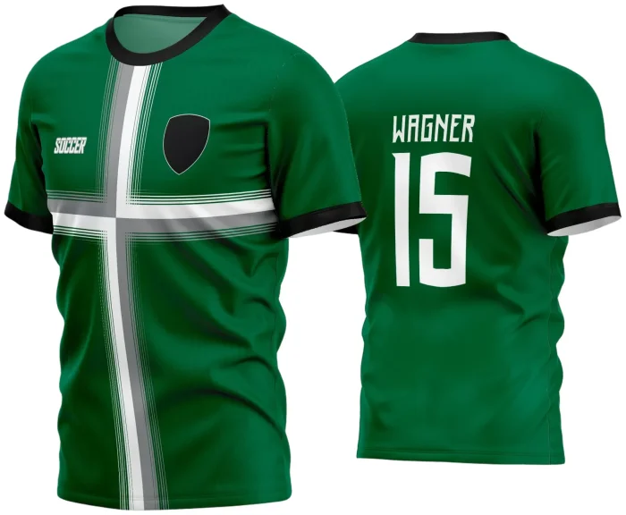 Camisa de futebol com logo no peito e estampa grande nas costas, estilo amador, cores vibrantes e design moderno para partidas e treinos em 2024, perfeita para times que buscam identidade e destaque em campo