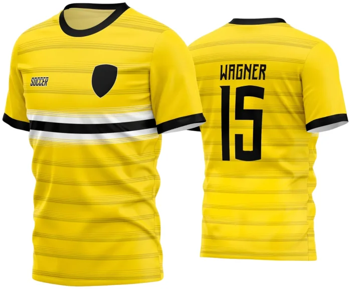 Camisa de futebol amador com logo no peito e estampa grande nas costas, combinando estilo e identificação para times de futebol amador, com design vibrante e moderno para uniformes esportivos.