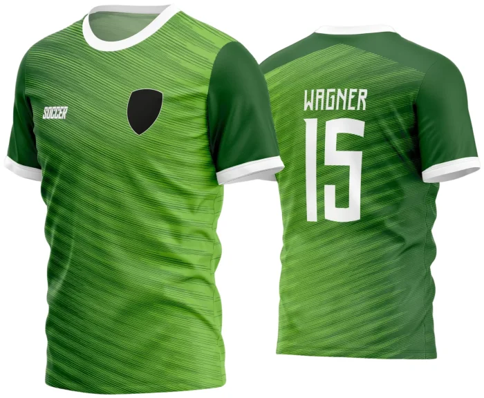 Camisa de futebol amador com logo no peito e estampa grande nas costas em cores vibrantes, destacando o estilo único do time para 2024.