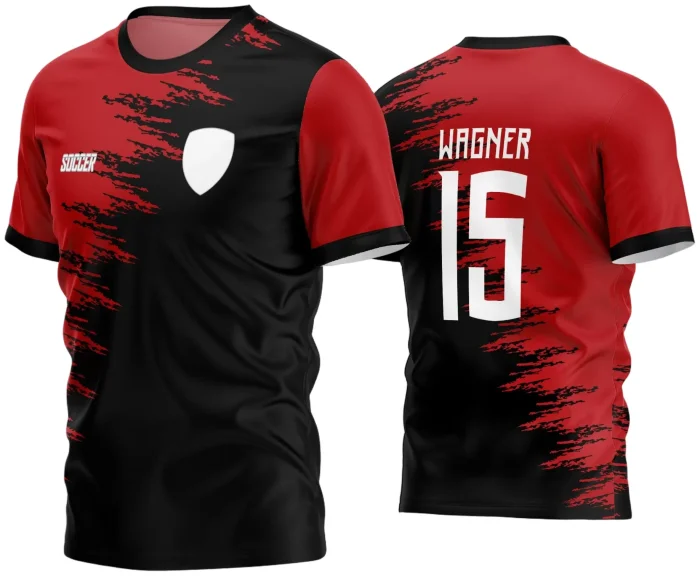 Camisa de futebol amador com logo no peito e estampa grande nas costas, design moderno e atraente, perfeito para times que buscam identidade visual personalizada e destaque em campo.