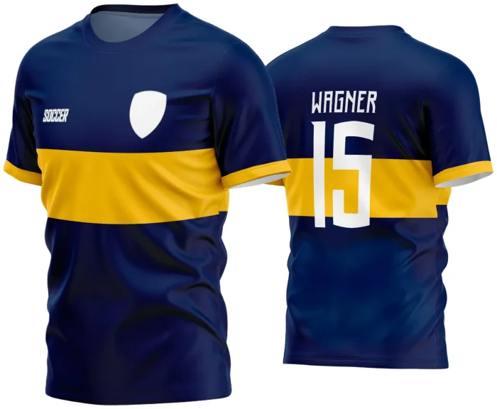 Camisa de time amador com logo no peito e uma estampa grande nas costas exibindo design moderno e vibrante, ideal para jogos e treinos em campo