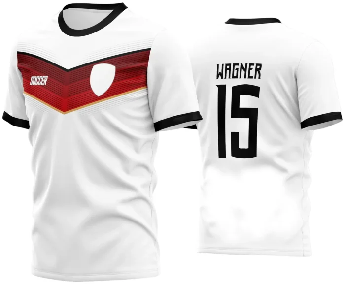 Camisa de time amador com logo visível no peito e estampa grande nas costas, destacando o design esportivo e moderno, ideal para uniformes personalizados de equipes de futebol amador.