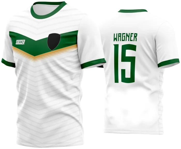 Camisa de futebol amador com logo no peito e estampa grande nas costas, design moderno em cores vibrantes, ideal para times que buscam identidade visual marcante em campo.