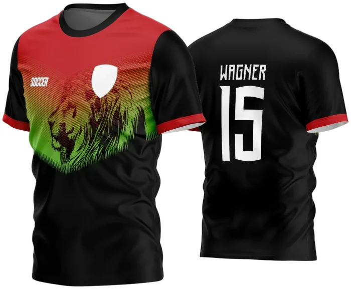 Camisa de futebol amador com logo no peito e estampa grande nas costas em um design moderno e vibrante, ideal para times que buscam presença e identidade visual marcante em campo.