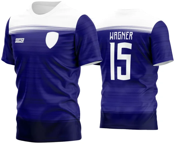 Camisa de futebol amador com logo no peito e estampa grande nas costas em design vibrante e moderno, perfeita para time amador nesta temporada 2024.