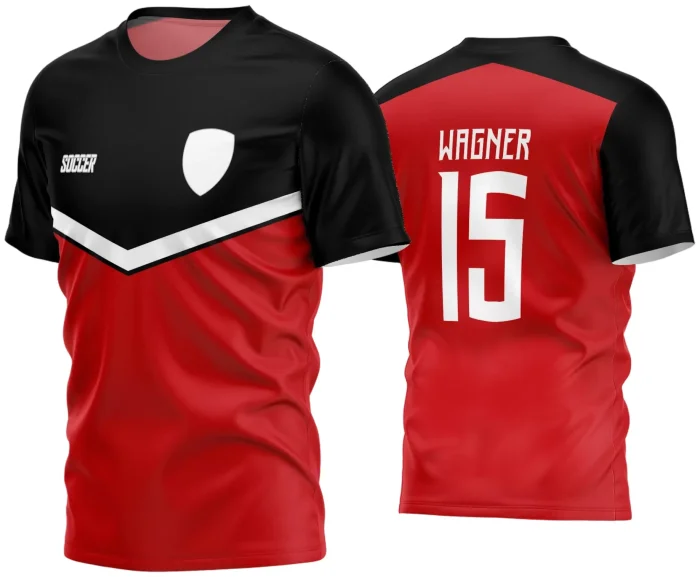 Camisa de futebol amador com logo no peito e estampa grande nas costas, apresentando um design moderno e vibrante, perfeita para times que buscam identidade visual forte e marcante em campo.