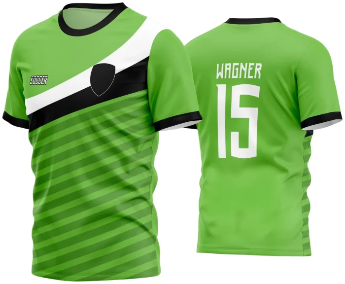 Camisa de futebol amador com logo no peito e estampa grande nas costas, combinando cores vibrantes e design moderno para destacar seu time em campo.