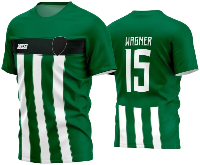 Camisa de futebol amador com logo no peito e estampa grande nas costas, destaque para design moderno com cores vibrantes e acabamento profissional, ideal para times que buscam reconhecimento em campo