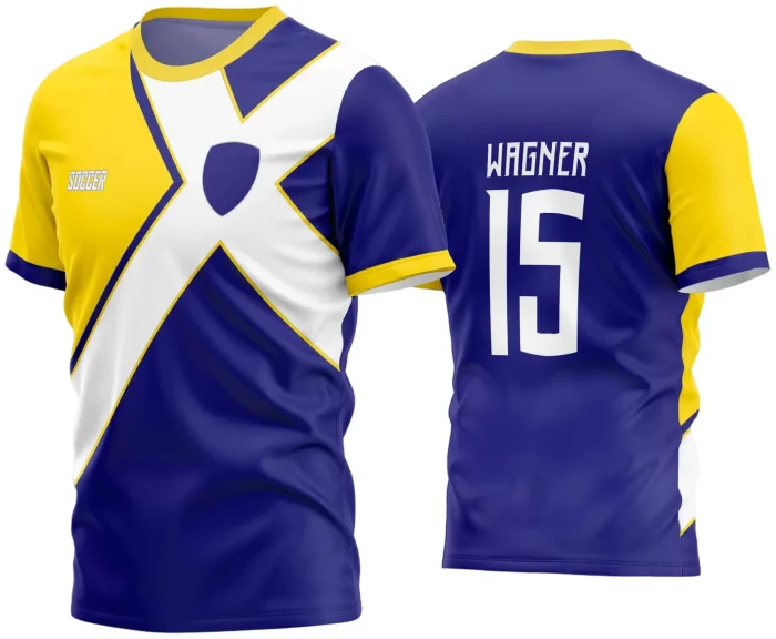 Camisa de futebol amador com logo no peito e estampa grande nas costas em cores vibrantes, design moderno e único, perfeita para destacar seu time em campo.