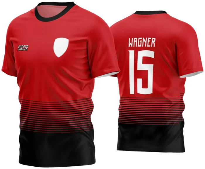 Camisa de futebol amador com logo no peito e estampa grande nas costas em destaque, mostrando um design vibrante e moderno ideal para equipes de futebol amador que buscam identidade única em campo