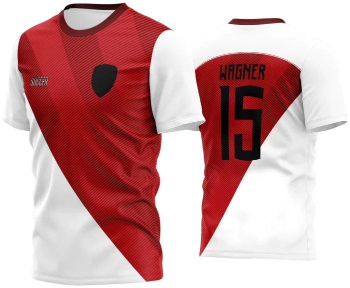 Camisa esportiva com logo no peito e estampa grande nas costas, ideal para times amadores. Visual moderno e vibrante com detalhes que destacam a identidade do time de futebol amador em campo.