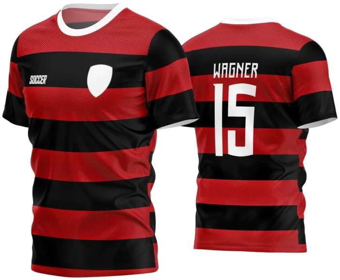 Camisa de futebol amador com logo no peito e estampa grande nas costas apresentada em cores vibrantes com detalhes modernos e esportivos, perfeita para time de futebol amador com estilo marcante e visual impactante.