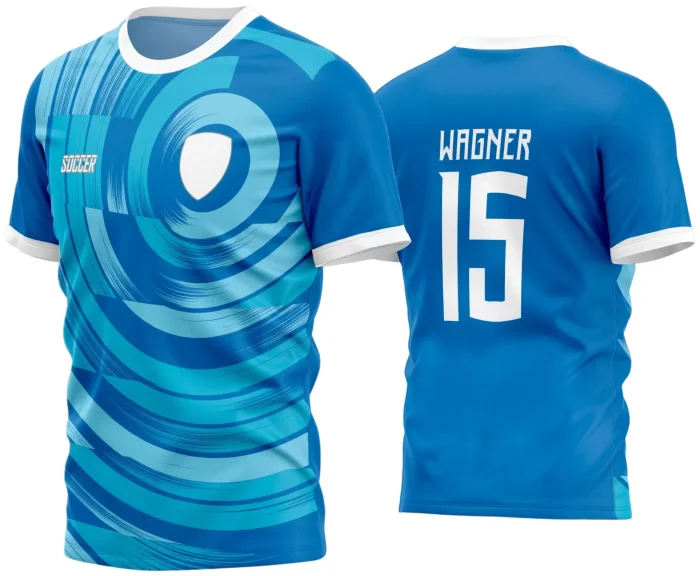 Camisa de futebol amador com logo no peito e estampa grande nas costas em cores vibrantes, ideal para times que buscam destaque e personalidade durante as partidas.