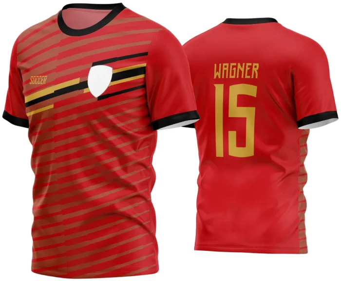 Camisa de futebol amador com logo no peito e estampa grande nas costas; modelo moderno com cores vibrantes e visual impactante ideal para equipes que buscam estilo e identidade única em campo.