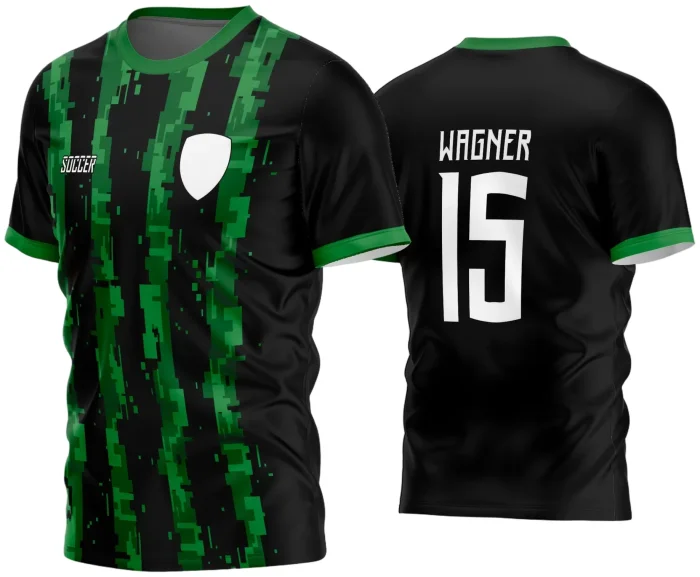 Camisa de futebol amador com logo no peito e estampa grande nas costas em estilo moderno e vibrante, perfeita para times que buscam identidade visual marcante e autenticidade em campo.