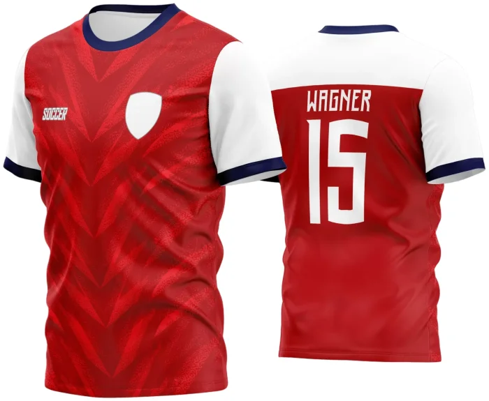 Camisa de futebol amador com logo no peito e estampa grande nas costas, destacando design moderno para partidas do time em 2024, com cores vibrantes e detalhes que valorizam a identidade da equipe.