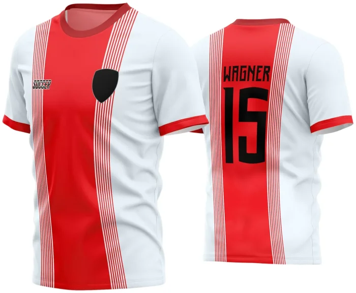 Camisa de futebol amador com logo no peito e estampa grande nas costas, destacando design vibrante e moderno para time de futebol amador que busca identidade única e marcada no campo.