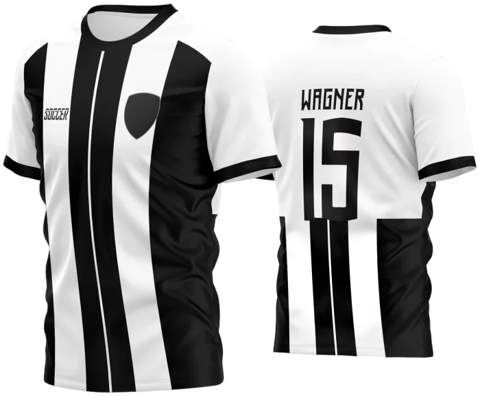 Camisa de futebol amador com logo no peito e estampa grande nas costas em destaque, mostrando design moderno e cores vibrantes que valorizam o time em campo