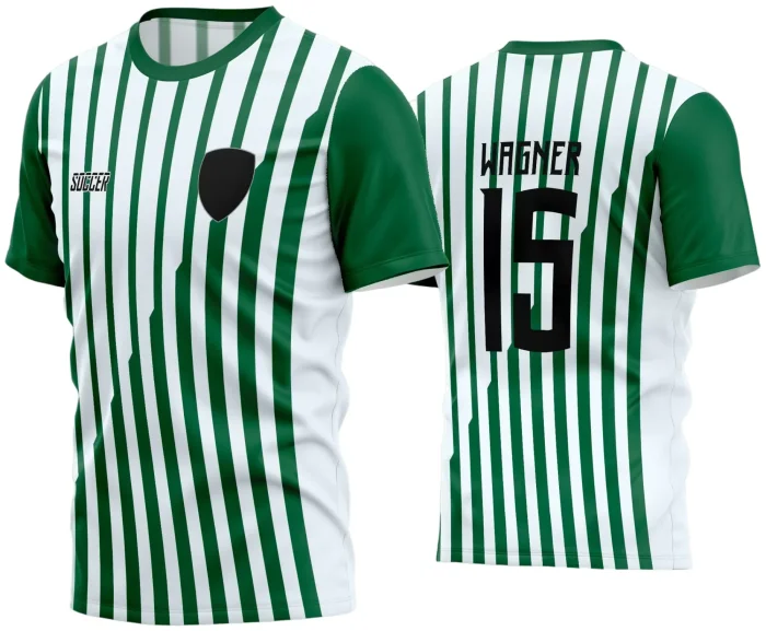 Camisa de futebol amador com logo no peito e estampa grande nas costas exibindo design esportivo moderno e vibrante, ideal para equipes em jogos e treinos.