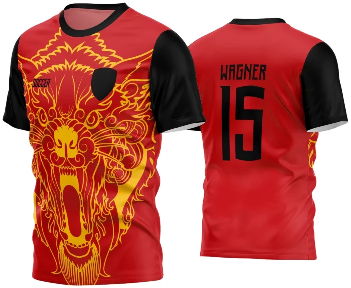 Camisa de futebol amador com logo no peito e estampa grande nas costas exibindo design moderno e vibrante, ideal para times que buscam identidade única em campo.