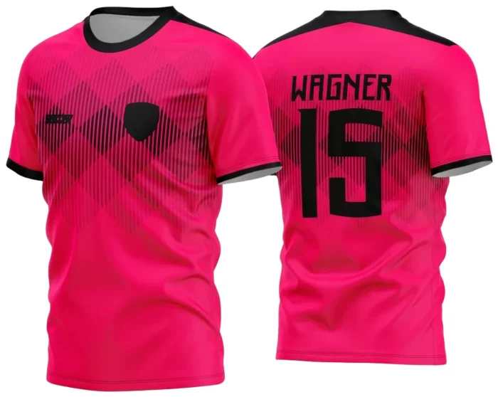 Camisa de futebol amador com logo no peito e estampa grande nas costas, design moderno com cores vibrantes e detalhe que destaca o time com estilo marcante em campo.