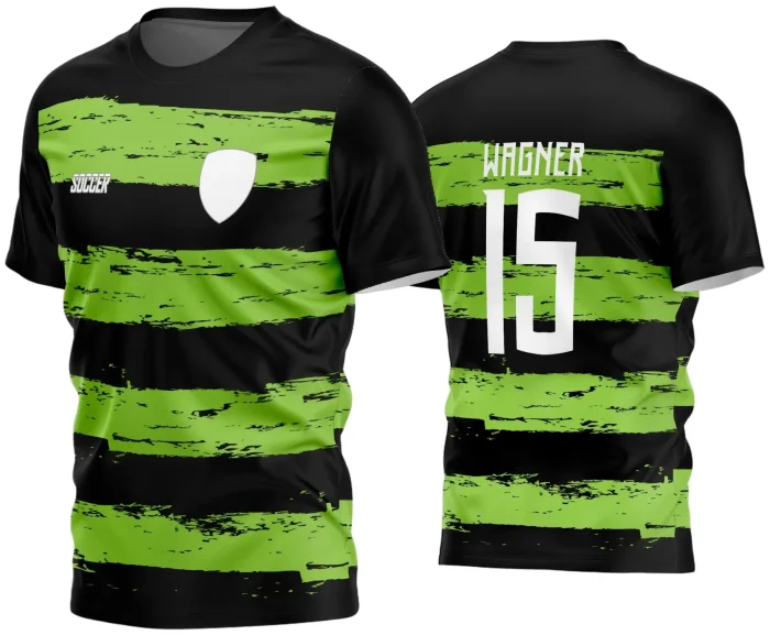 Camisa de futebol amador com logo no peito e estampa grande nas costas em design moderno e vibrante, perfeita para times amadores que buscam estilo e identidade durante as partidas.