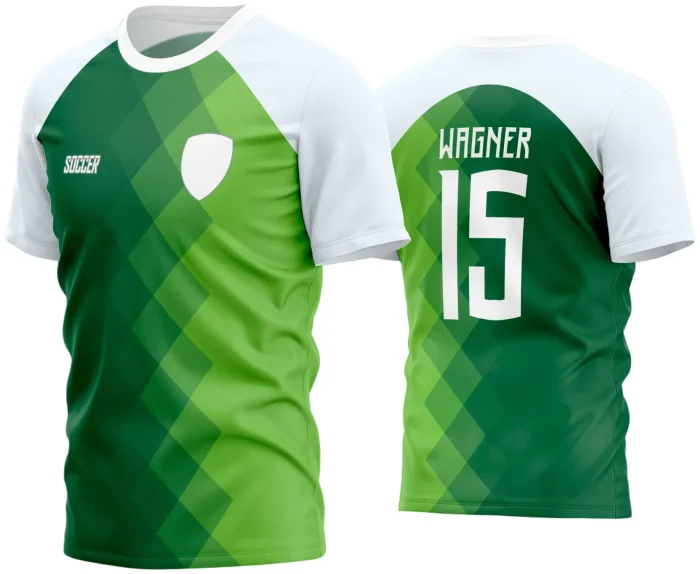 Camisa de futebol amador com logo no peito e estampa grande nas costas, exibindo design moderno e cores vibrantes, ideal para times que buscam estilo e identidade única durante os jogos.