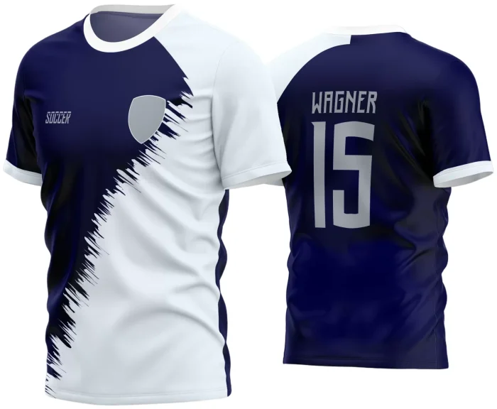 Camisa com logo no peito e estampa grande nas costas, ideal para times amadores de futebol, com design moderno e cores vibrantes que valorizam a identidade do time.