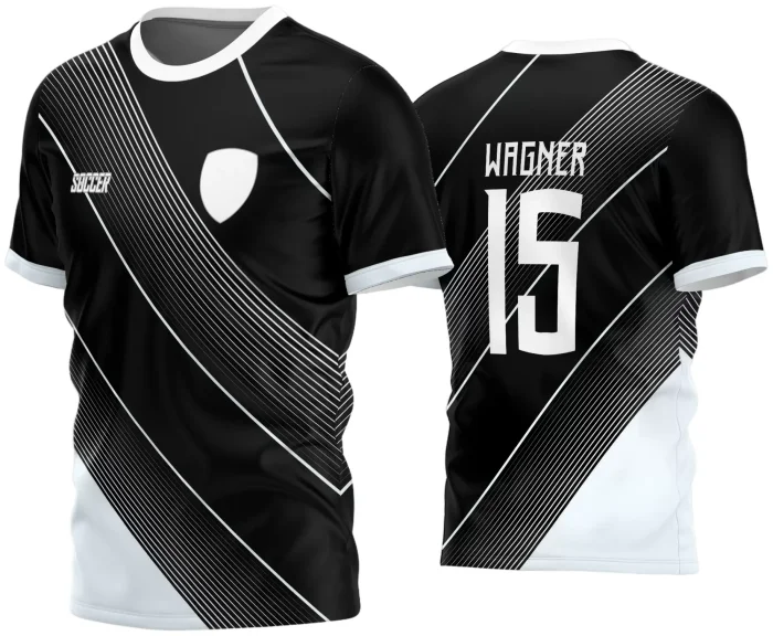 Camisa de futebol amador com logo no peito e estampa grande nas costas, combinando design moderno e visual marcante para jogos e torcidas apaixonadas.