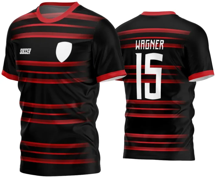 Camisa de futebol amador com logo no peito e estampa grande nas costas, exibindo design moderno e cores vibrantes que destacam o time em campo com visual personalizado e impactante.