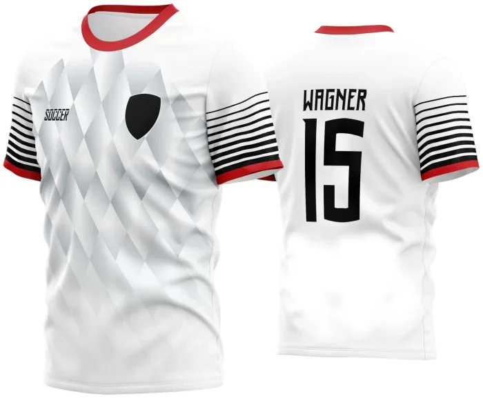 Camisa de futebol amador com logo no peito e estampa grande nas costas em destaque, cores vibrantes e design moderno ideais para time de futebol local ou eventos esportivos.