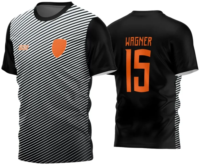 Camisa de futebol amador com logo no peito e estampa grande nas costas, em estilo moderno e cores vibrantes para equipes 2024.