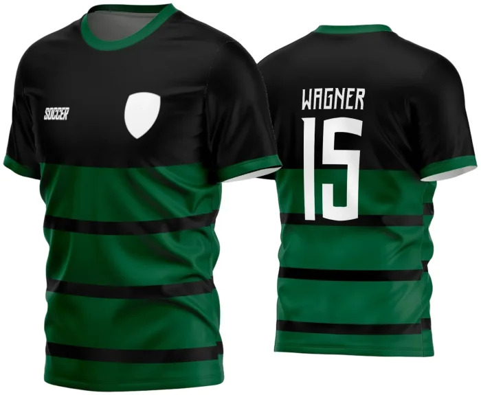 Camisa final com logo no peito e estampa grande nas costas, destacando um design moderno e esportivo perfeito para times amadores de futebol, com cores vibrantes e detalhes que valorizam o espírito competitivo.