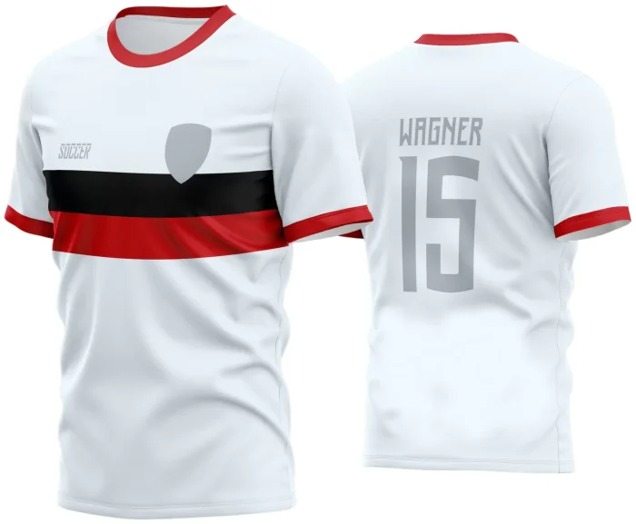 Camisa de futebol amador com logo no peito e estampa grande nas costas, trazendo design moderno e cores vibrantes para equipes locais e campeonatos informais.