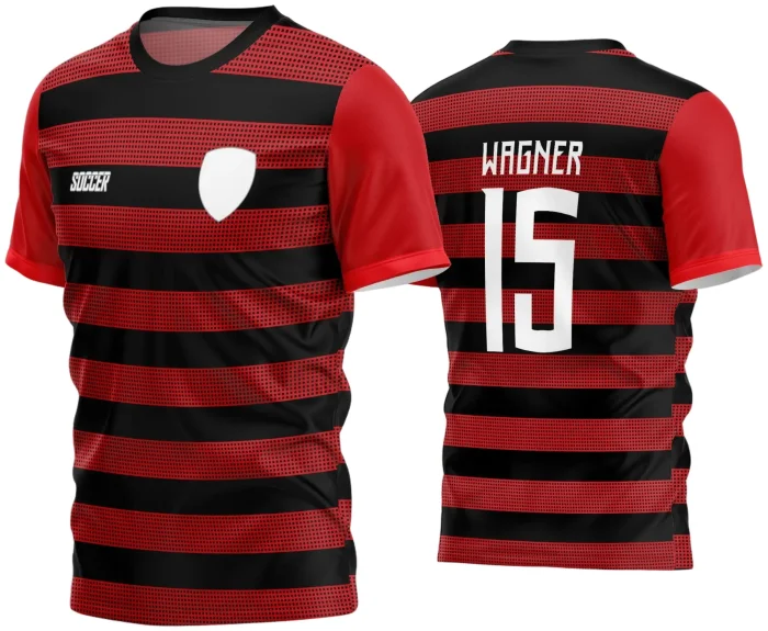 Camisa de futebol amador com logo no peito e estampa grande nas costas, destacando design moderno com cores vibrantes e detalhes únicos para quem joga com estilo e paixão