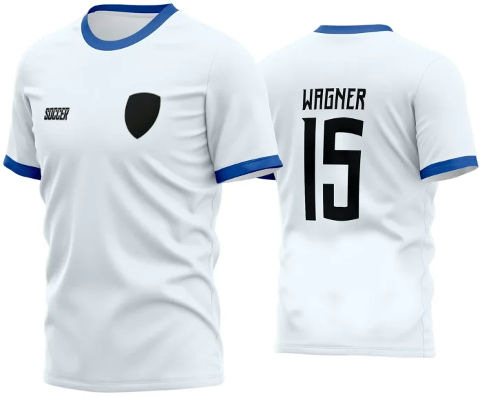 Camisa de futebol com logo no peito e estampa grande nas costas, em estilo moderno e vibrante, ideal para times amadores que buscam identidade única em seus jogos e treinos.