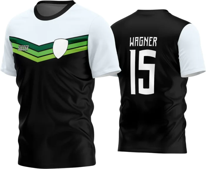 Camisa de futebol amador com logo no peito e estampa grande nas costas, destacando design vibrante e moderno que valoriza a identidade do time em campo com cores intensas e estilo marcante.