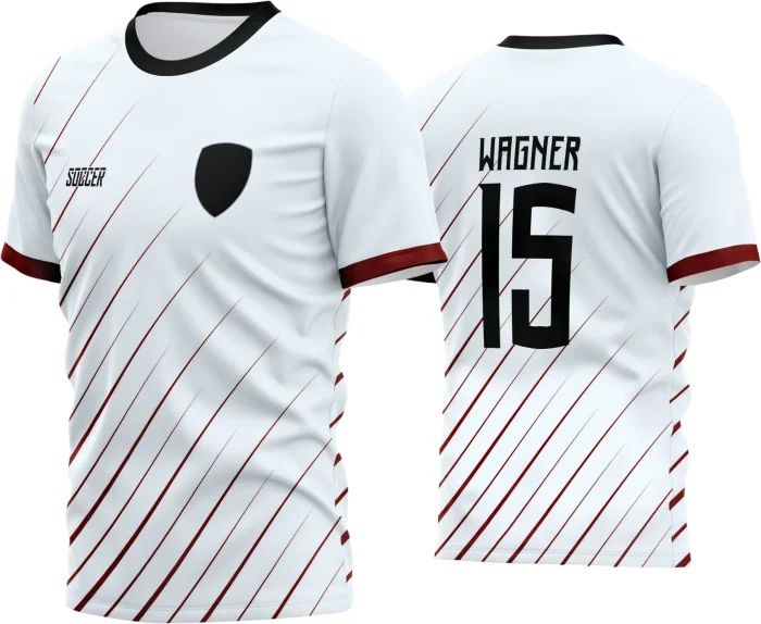 Camisa de futebol amador com logo no peito bem visível e estampa grande nas costas destacando o nome do time e detalhes em cores vibrantes, ideal para reconhecimento e estilo em campo.