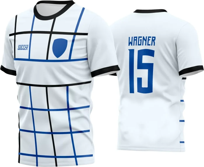 Camisa de futebol amador com logo no peito e estampa grande nas costas mostrando design moderno e vibrante, perfeito para times que buscam destaque em campo e identidade forte.