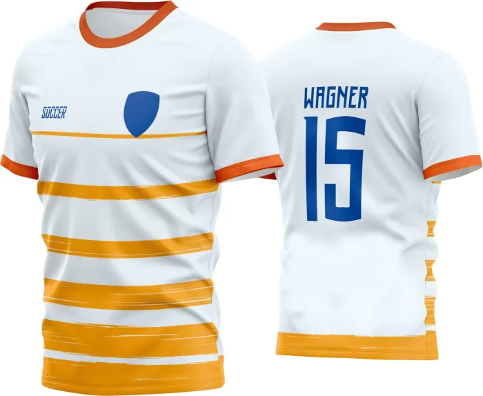 Camisa de futebol com logo no peito e estampa grande nas costas, ideal para times amadores que buscam estilo e identidade em campo com design exclusivo e moderno.