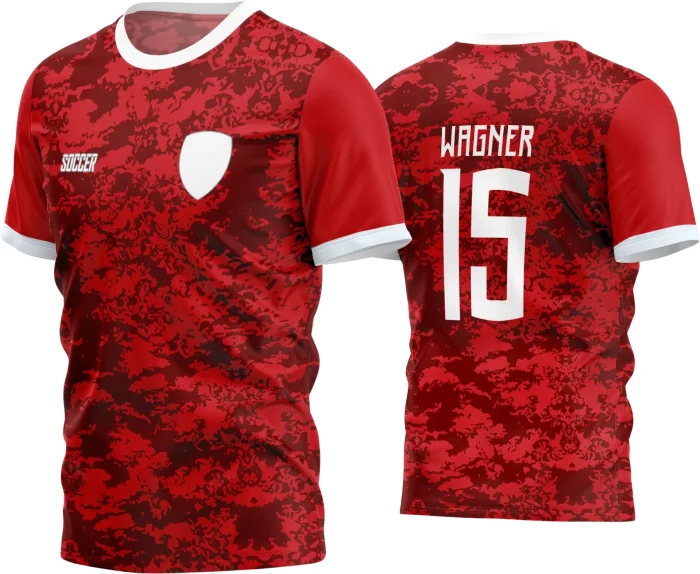 Foto da camisa de futebol amador com logo no peito e estampa grande nas costas, exibindo design moderno e cores vibrantes para torcedores e jogadores de times amadores.