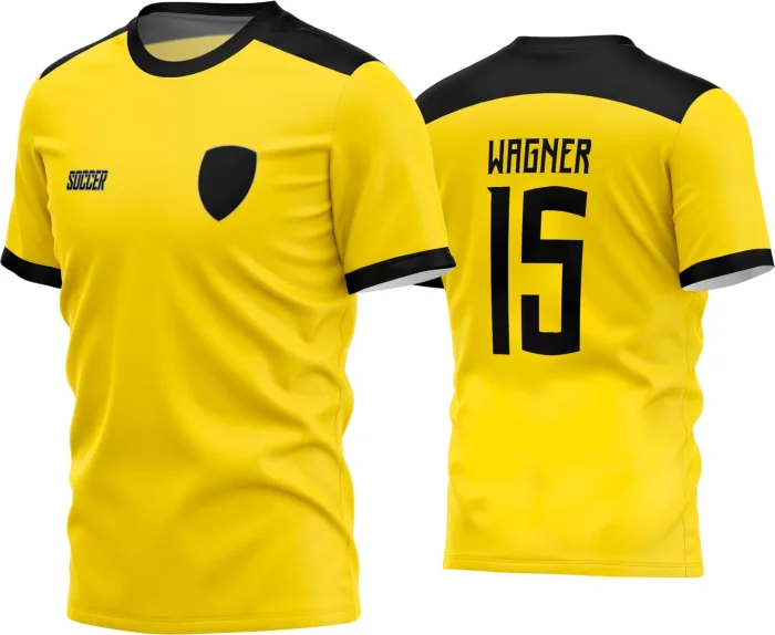 Camisa de futebol amador com logo no peito e estampa grande nas costas, destacando cores vibrantes e design esportivo moderno, ideal para times que buscam estilo e identidade nas partidas.