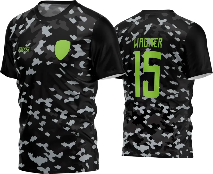 Camisa de futebol amador com logo no peito e estampa grande nas costas, ideal para times que buscam um visual moderno e cheio de personalidade em campo.