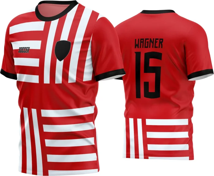 Imagem da camisa de futebol amador com logo no peito e estampa grande nas costas, ideal para times que buscam estilo e autenticidade nas partidas de 2024.