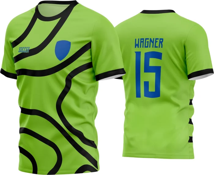 Camisa de futebol amador com logo no peito e estampa grande nas costas, design moderno em cores vibrantes, ideal para times que buscam estilo e identidade única em campo.