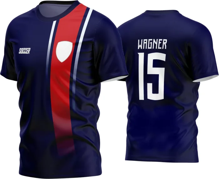 Camisa de futebol amador com logo no peito e estampa grande nas costas em estilo moderno, perfeita para times com identidade esportiva marcante e visual atrativo na partida.